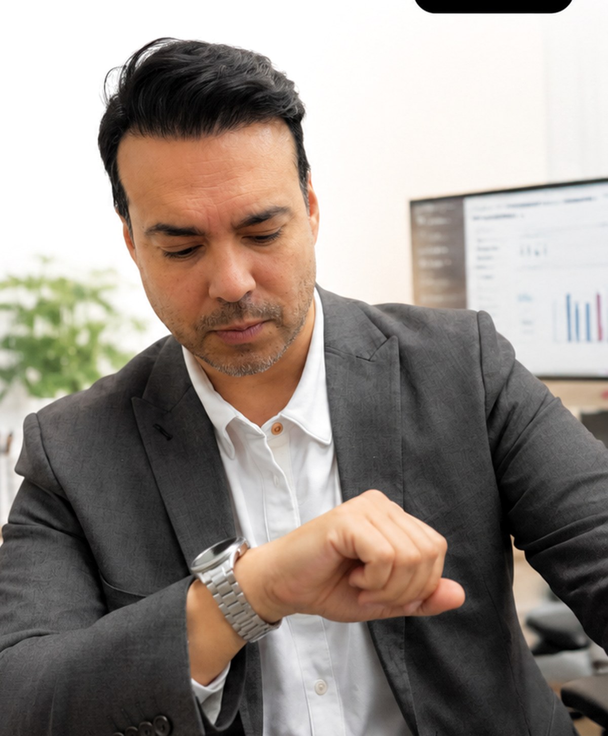 Joe Luna, founder of FIVE75, checking his watch in his office