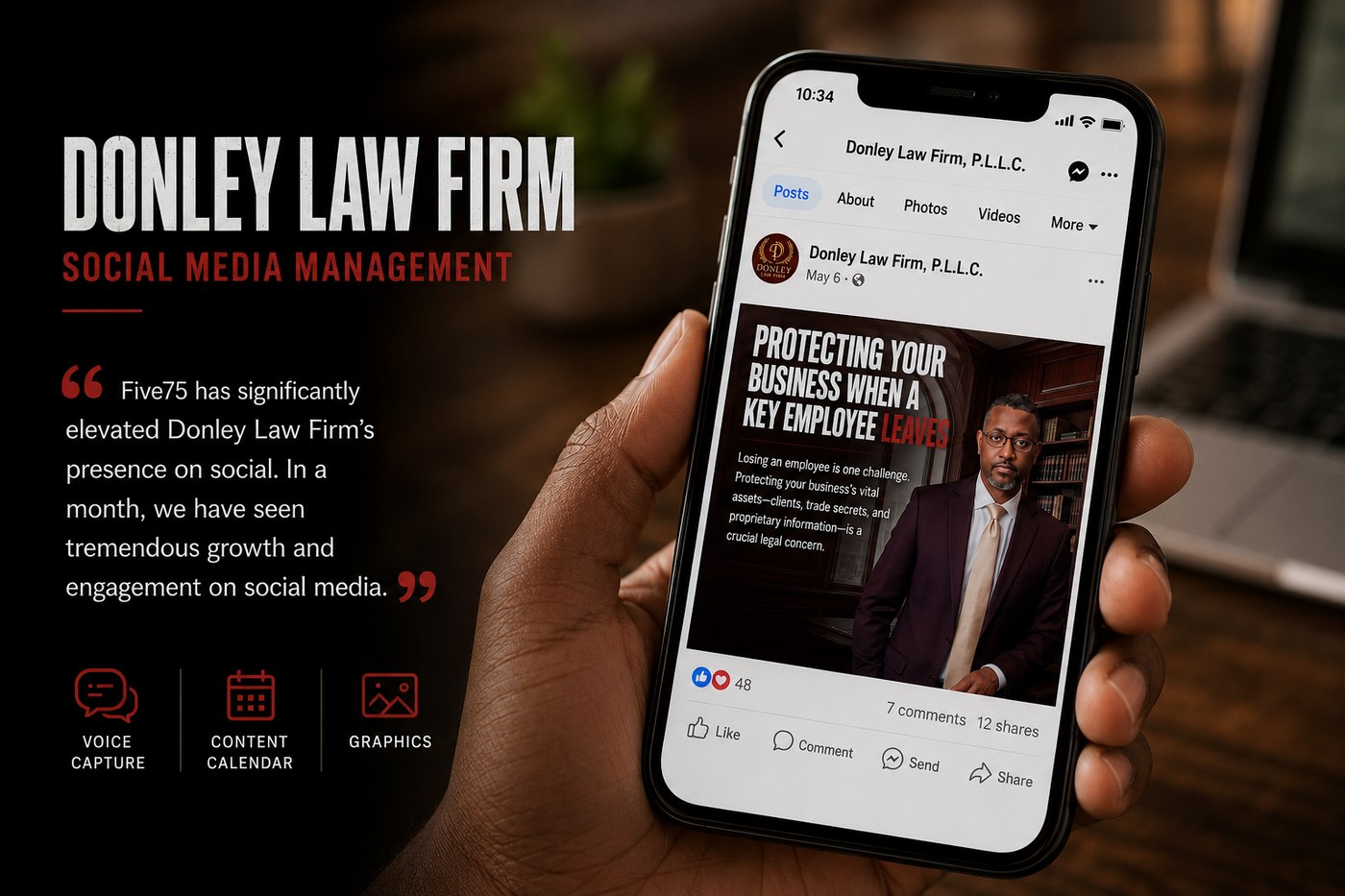 Donley Law Firm social media management — voice capture, content calendar, branded post graphics shown on mobile