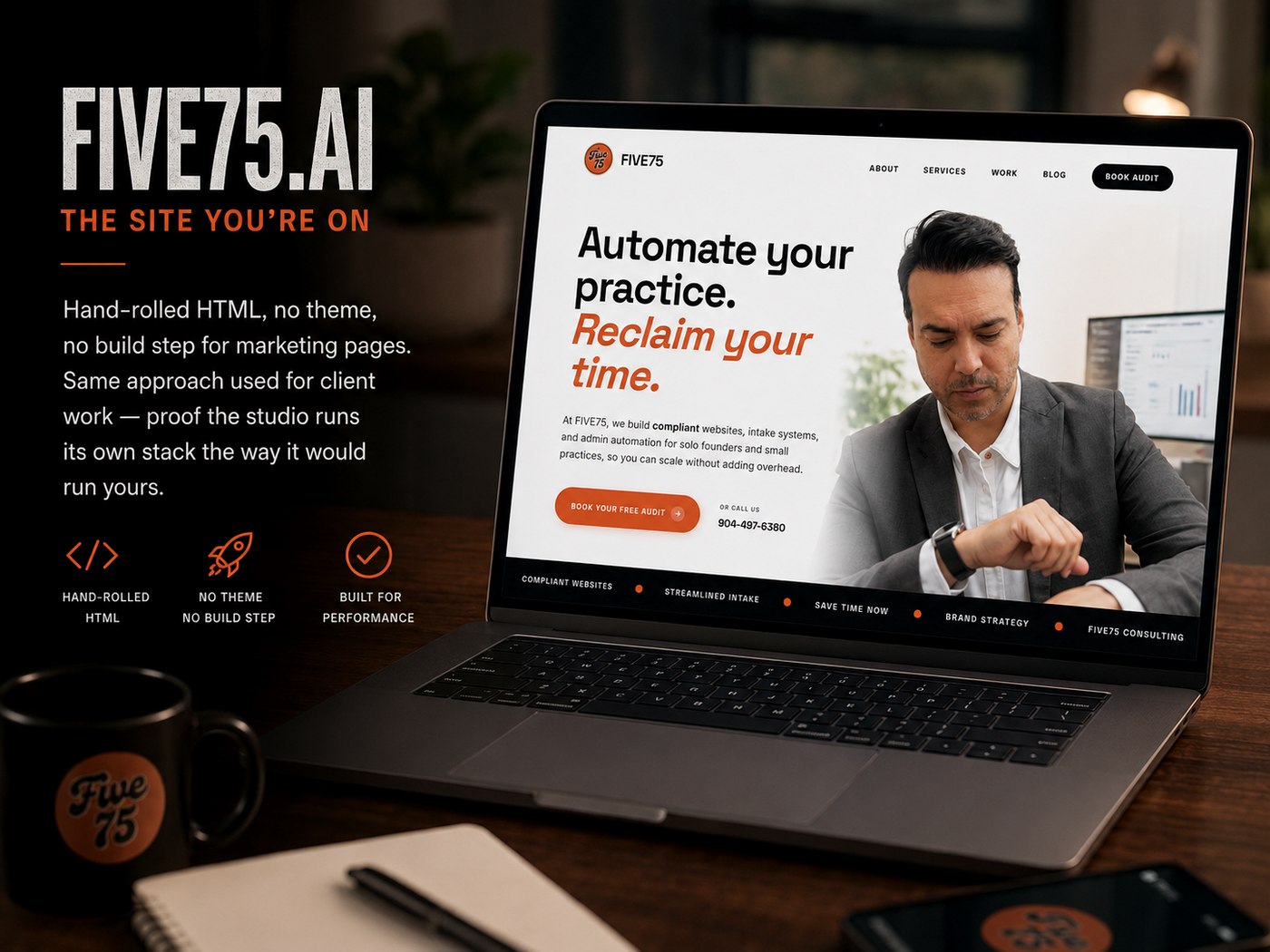 FIVE75alive.com homepage on laptop — hand-rolled HTML, no theme, no build step