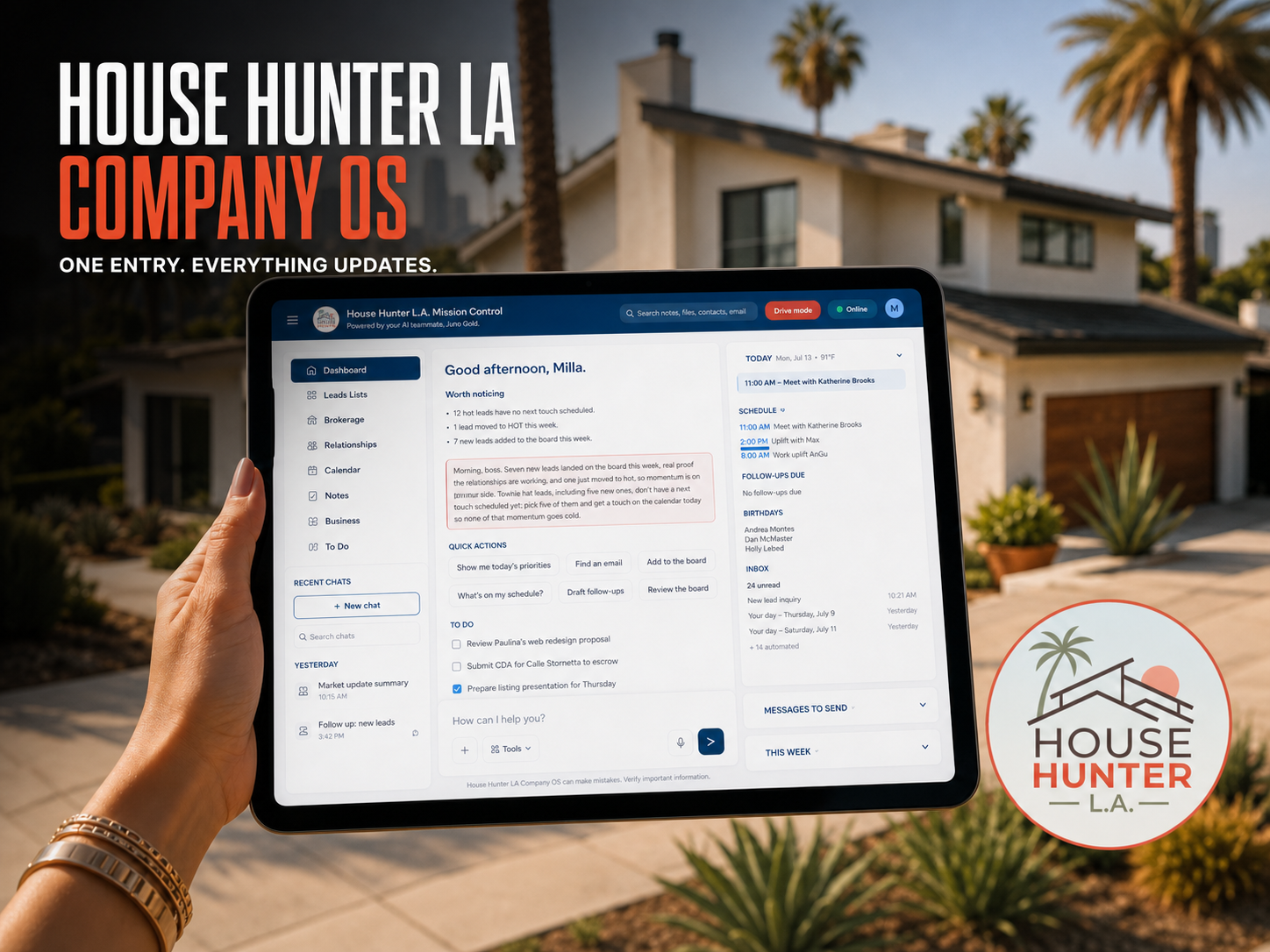 House Hunter LA Mission Control dashboard: Company OS install with lead board, relationships, calendar, and AI teammate