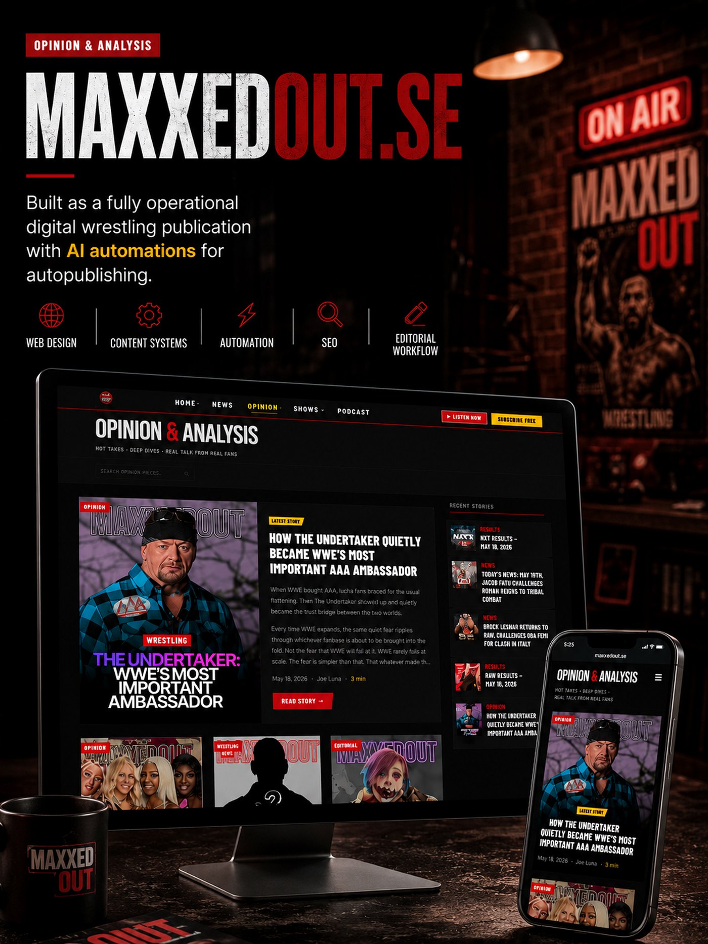 MaxxedOut.se editorial site shown on desktop and mobile — sports-entertainment publication with AI publishing automation